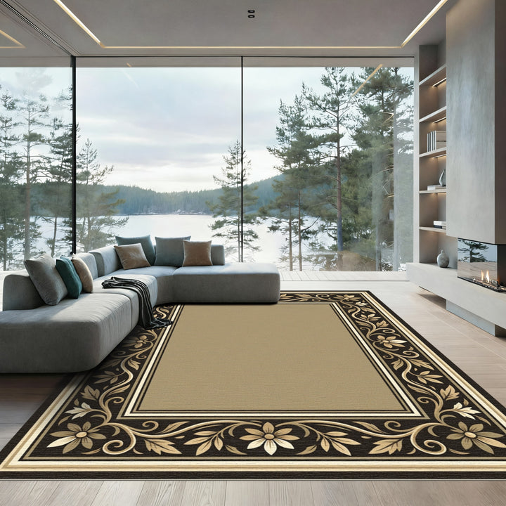 Golden Floral Scrollwork Frame Rug