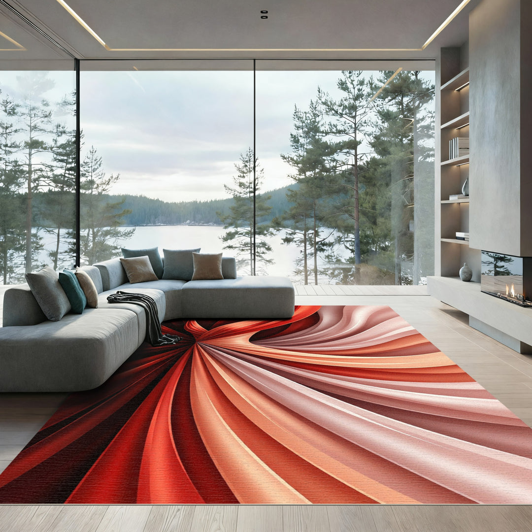 Red And Cream Swirling Ribbon Rug