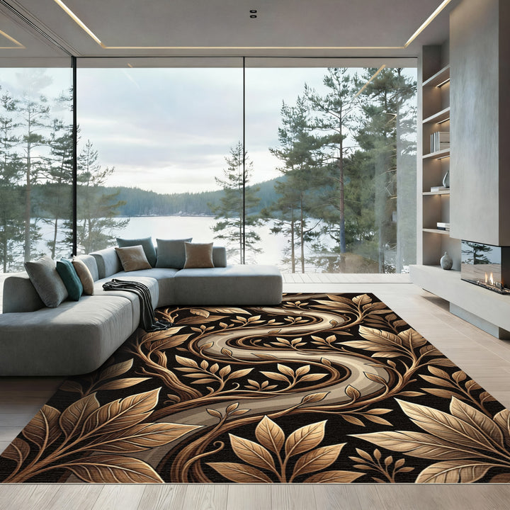 Golden Vine Swirl Leaf Pattern Rug