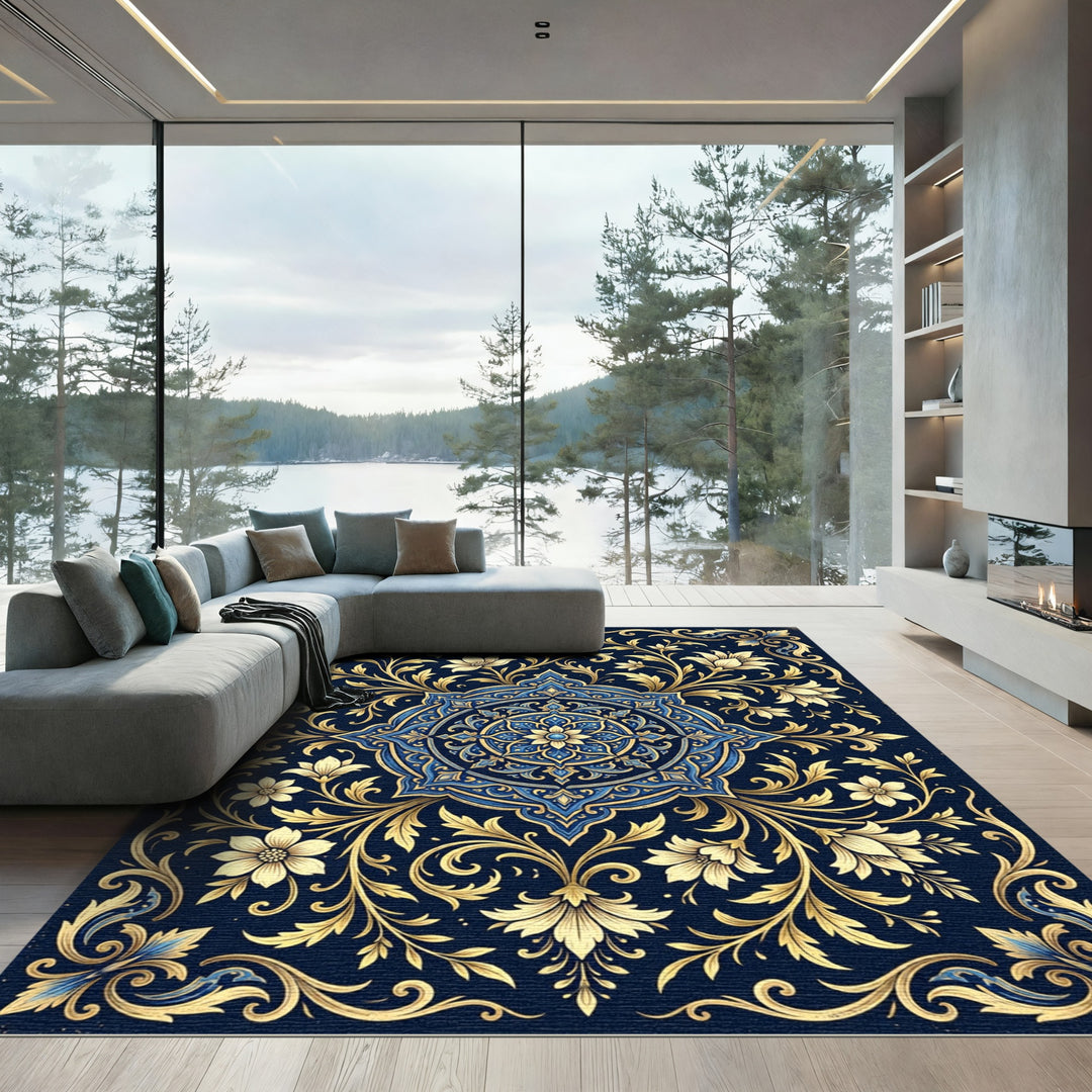 Ornate Golden Blue Floral Mandala Rug