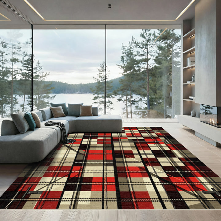 Crimson Cream Plaid Intersecting Lines Rug