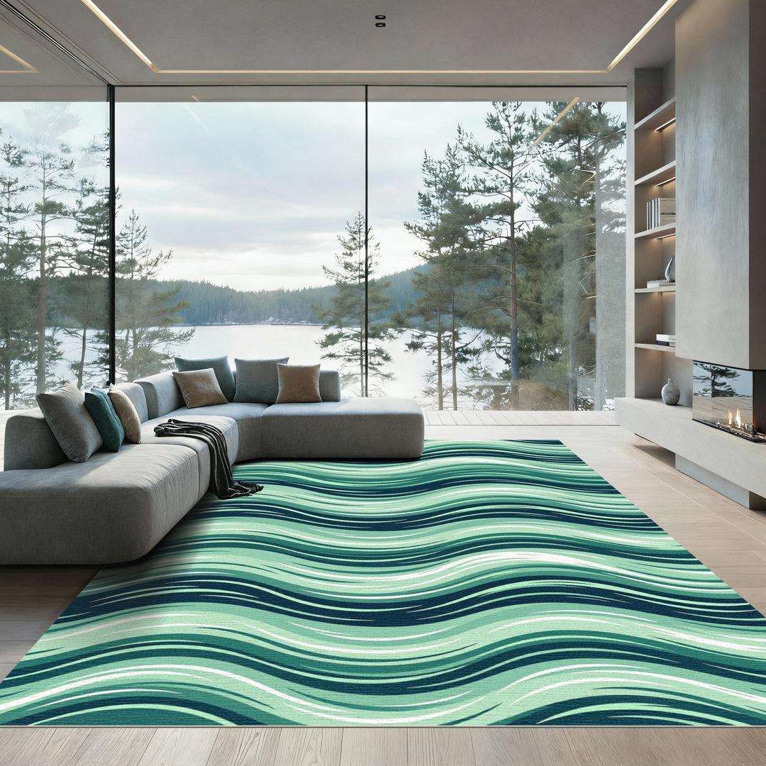 Deep Aqua Wavy Abstract Lines Rug