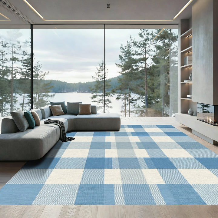Serene Blue Checkered Grid Rug
