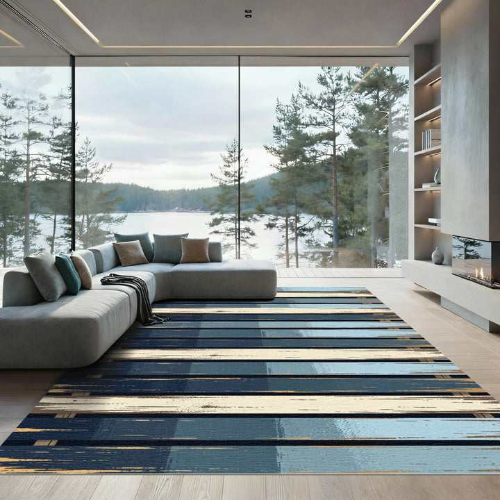 Abstract Blue Khaki Horizontal Stripe Rug