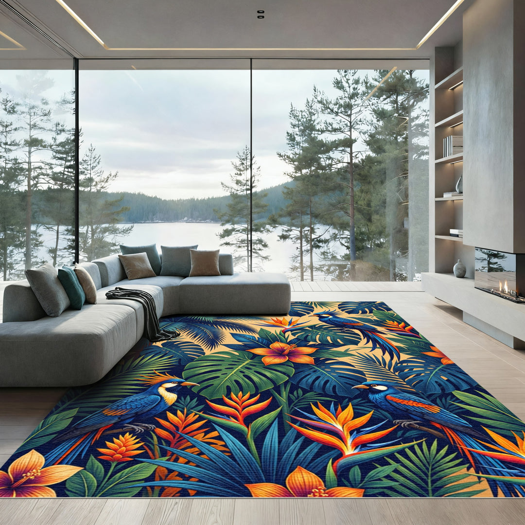 Vivid Blue Parrots Tropical Floral Arrangement Rug