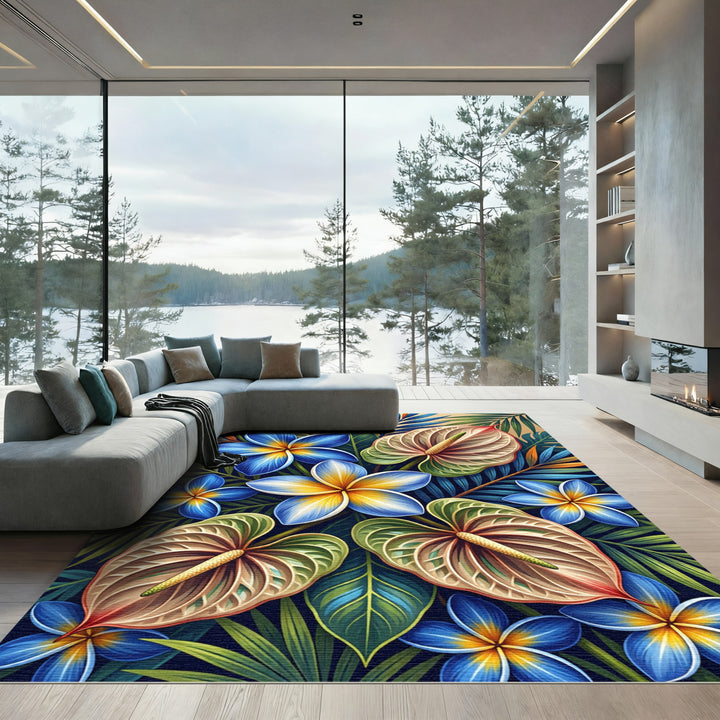 Vibrant Blue Yellow Tropical Floral Canvas Rug