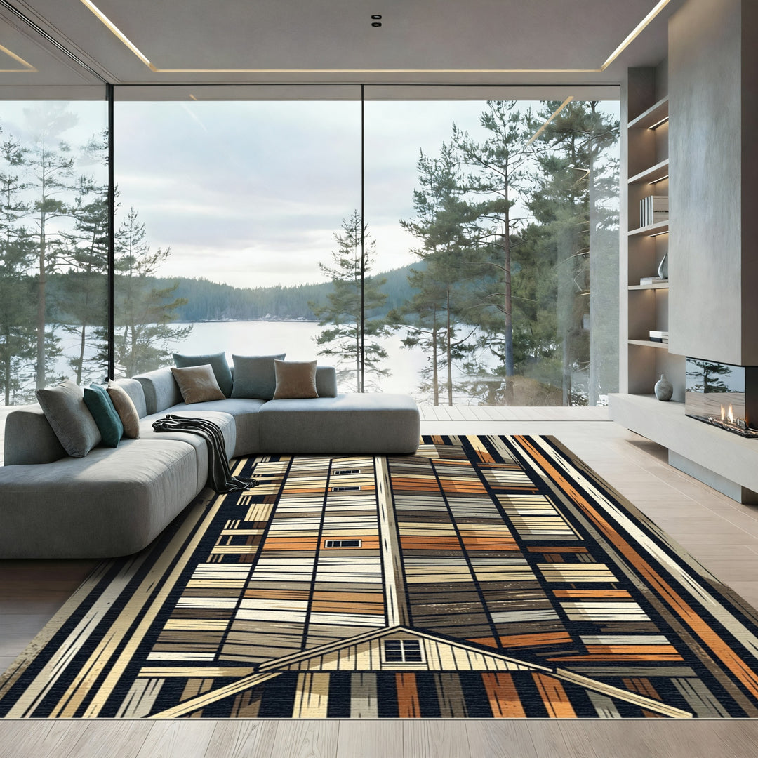 Modern Architectural Orange Wood Plank Rug