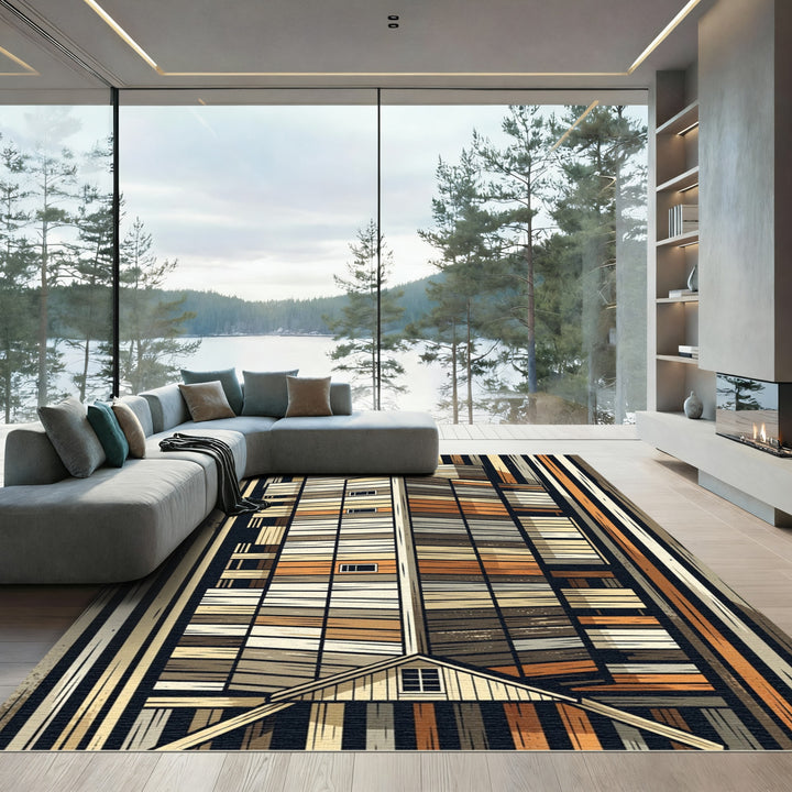 Modern Architectural Orange Wood Plank Rug