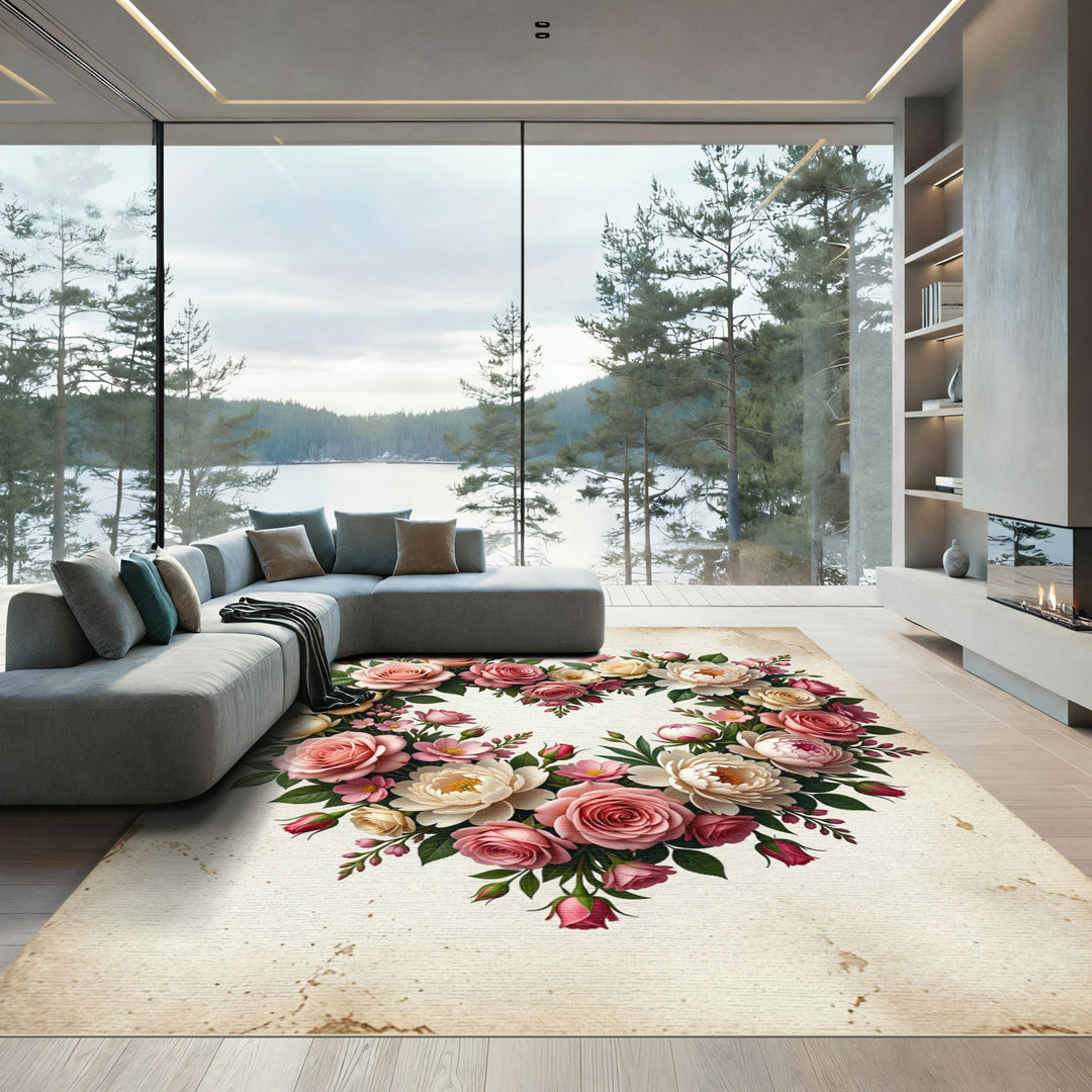 Romantic Pink Cream Rose Heart Rug
