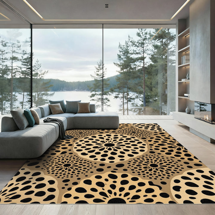 Golden Abstract Sunburst Dot Rug