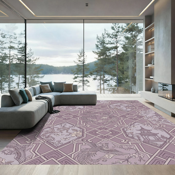 Mauve Dragon Phoenix Pagoda Blossom Tile Rug