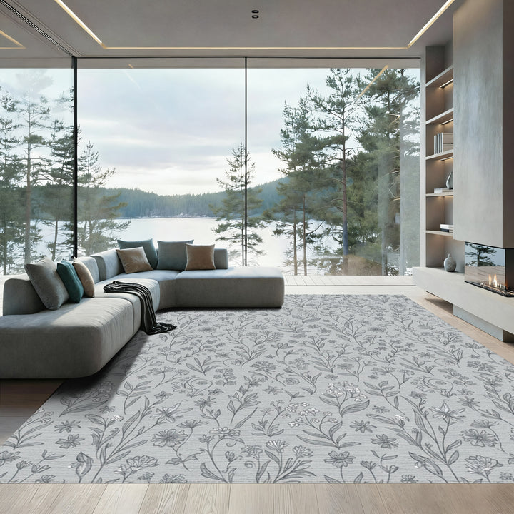 Delicate Gray Floral Botanical Garden Rug