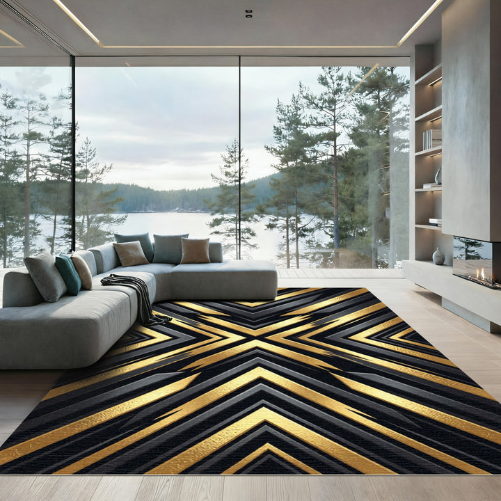 Black Gold Geometric Chevron Rug