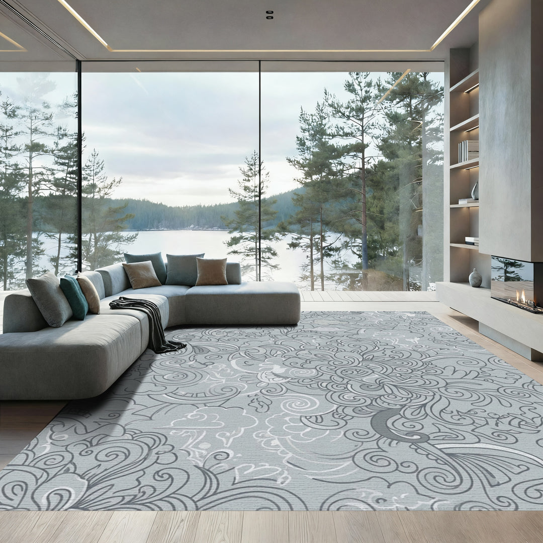 Whimsical Gray Cloud Foliage Swirl Rug
