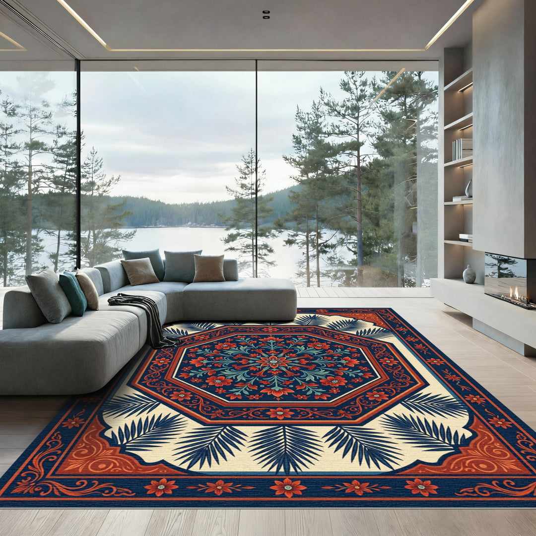 Rich Red Floral Octagon Navy Rug