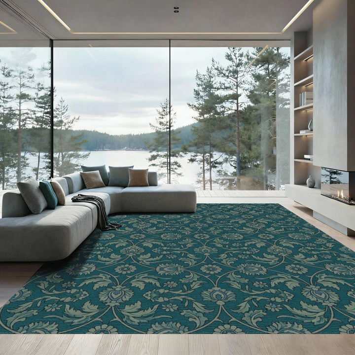 Deep Teal Floral Lattice Medallion Rug
