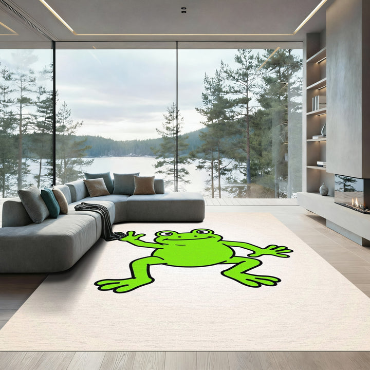 Whimsical Green Waving Frog Illustration Rug