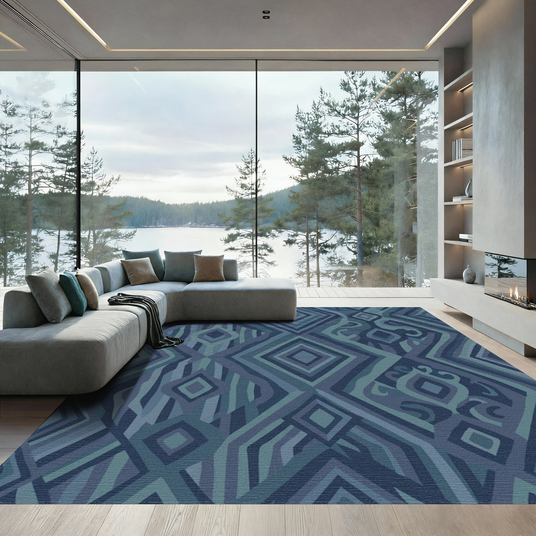 Deep Teal Diamond Abstract Overlay Rug