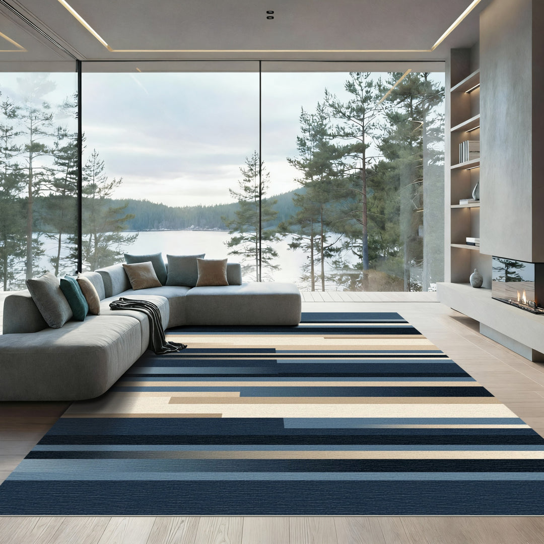Deep Blue Horizontal Stripe Composition Rug