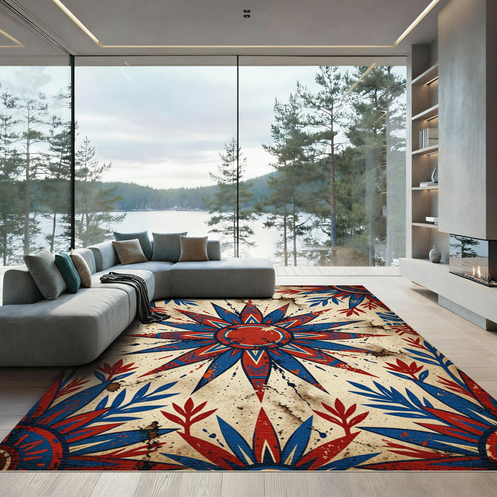 Bold Starburst Red Blue Medallion Rug