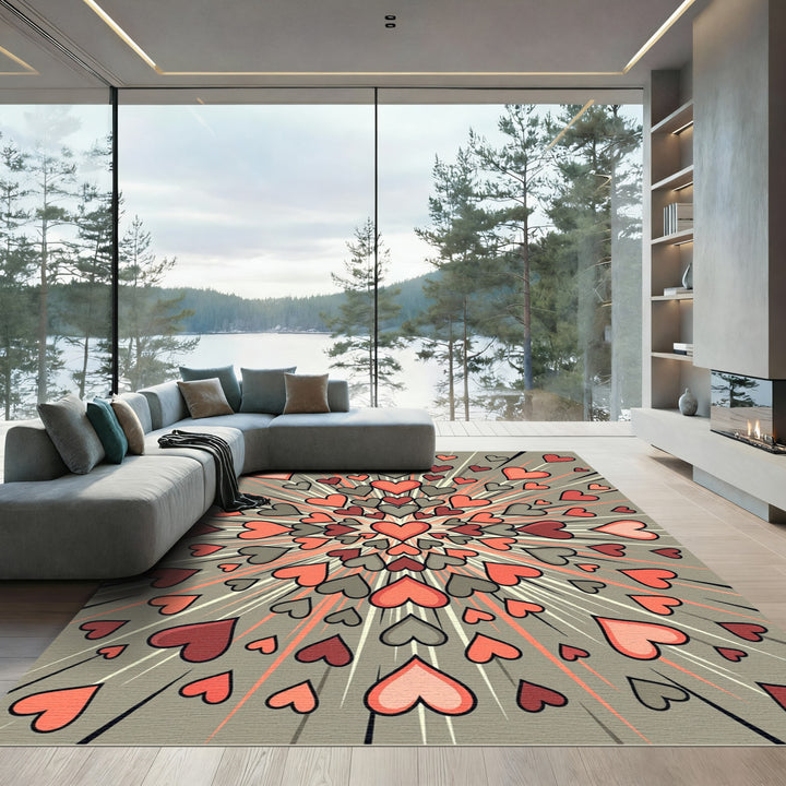 Explosion Hearts Coral Gray Rug