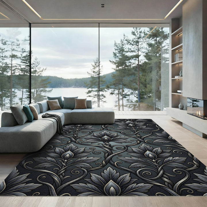 Ornate Dark Gray Floral Scroll Rug