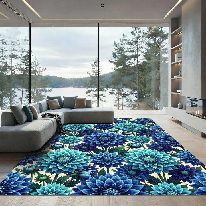Blue Teal Floral Dahlia Arrangement Rug