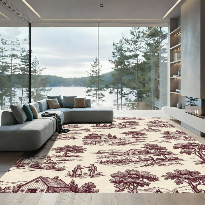 Vintage Rural Landscape Toile Scene Rug