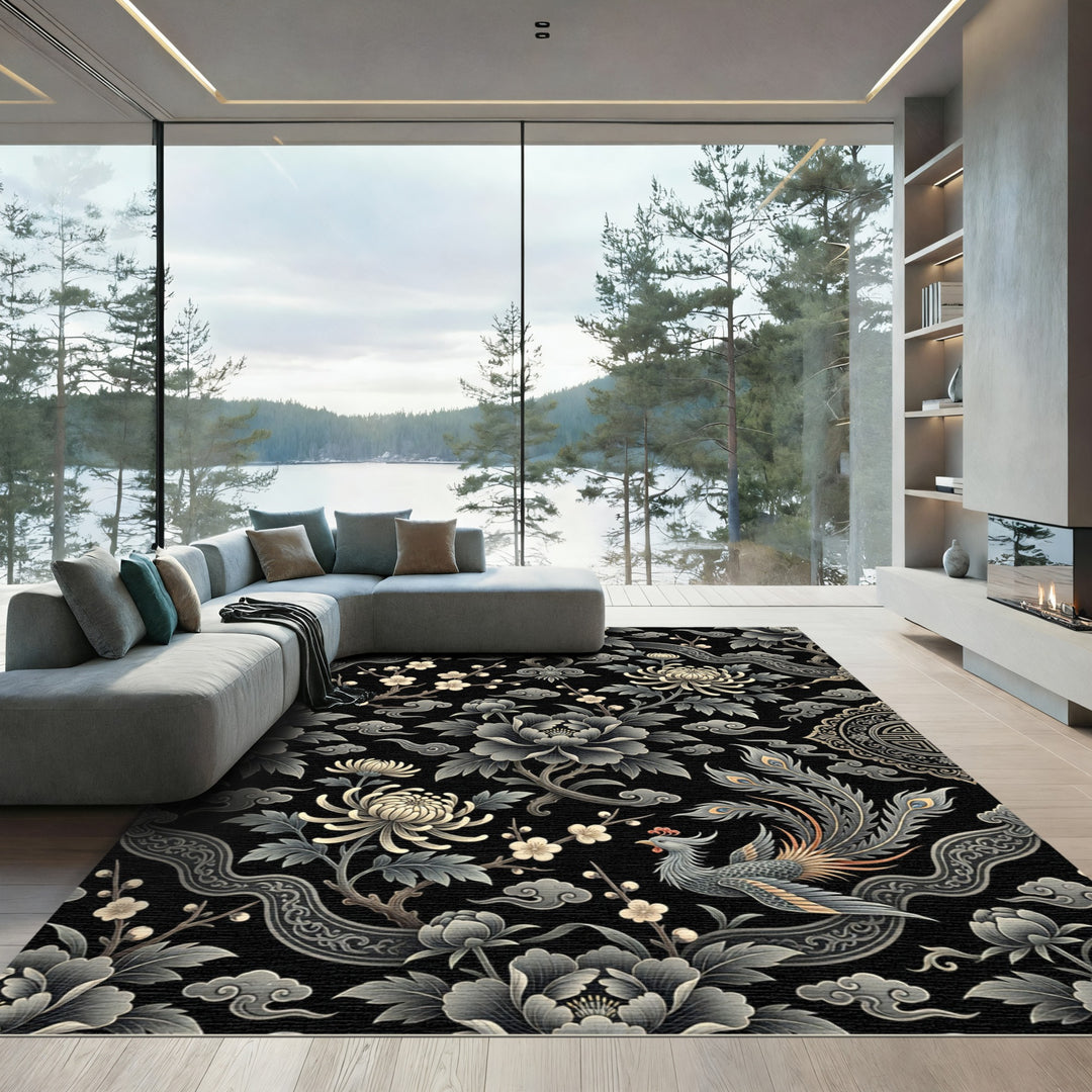 Elegant Black Peony Phoenix Floral Rug