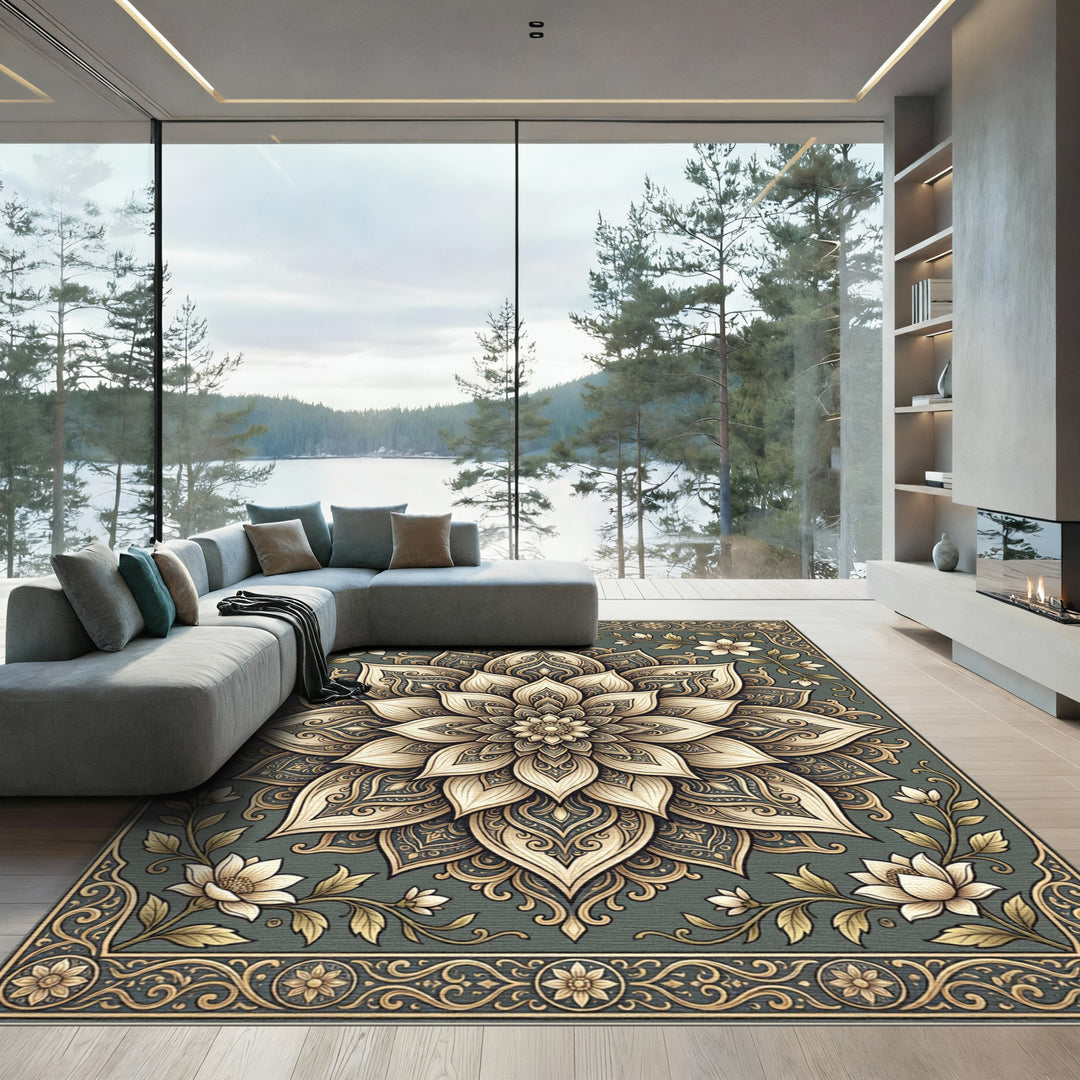 Elaborate Golden Lotus Mandala Rug