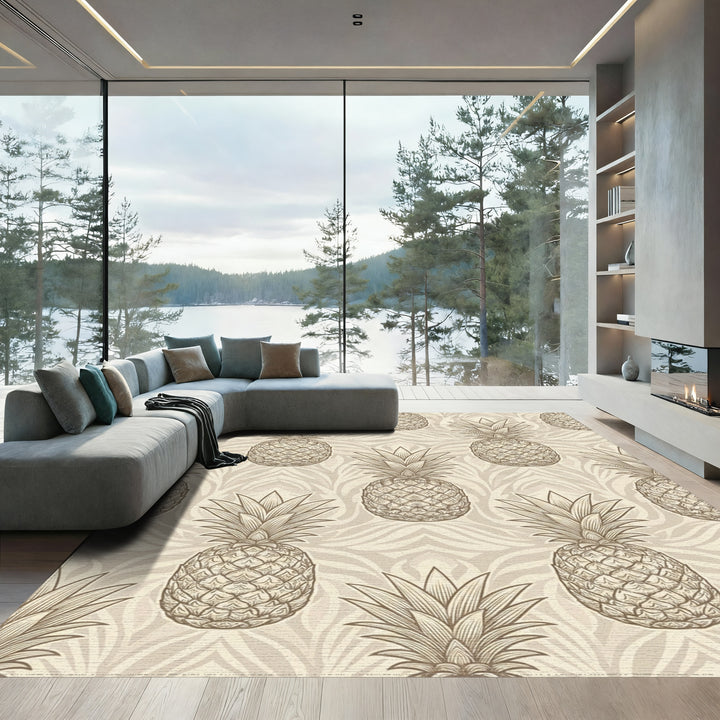 Earthy Tan Pineapple Botanical Scroll Rug