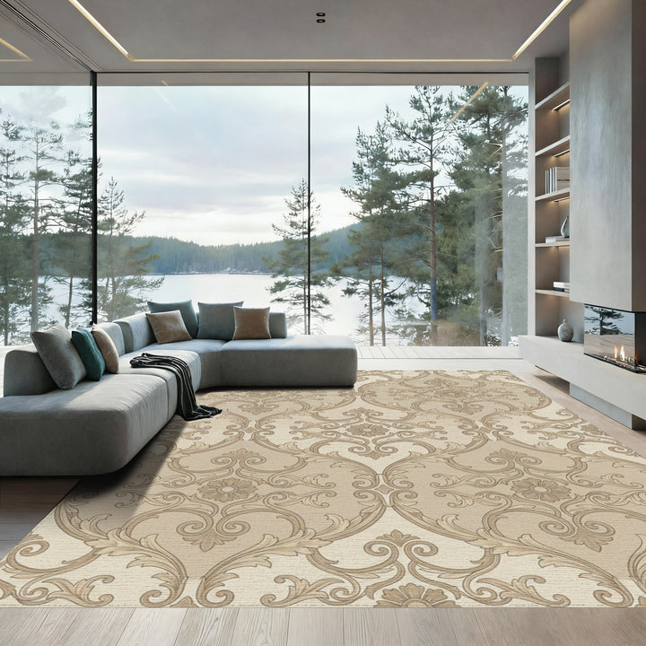 Vintage Beige Damask Floral Scroll Rug