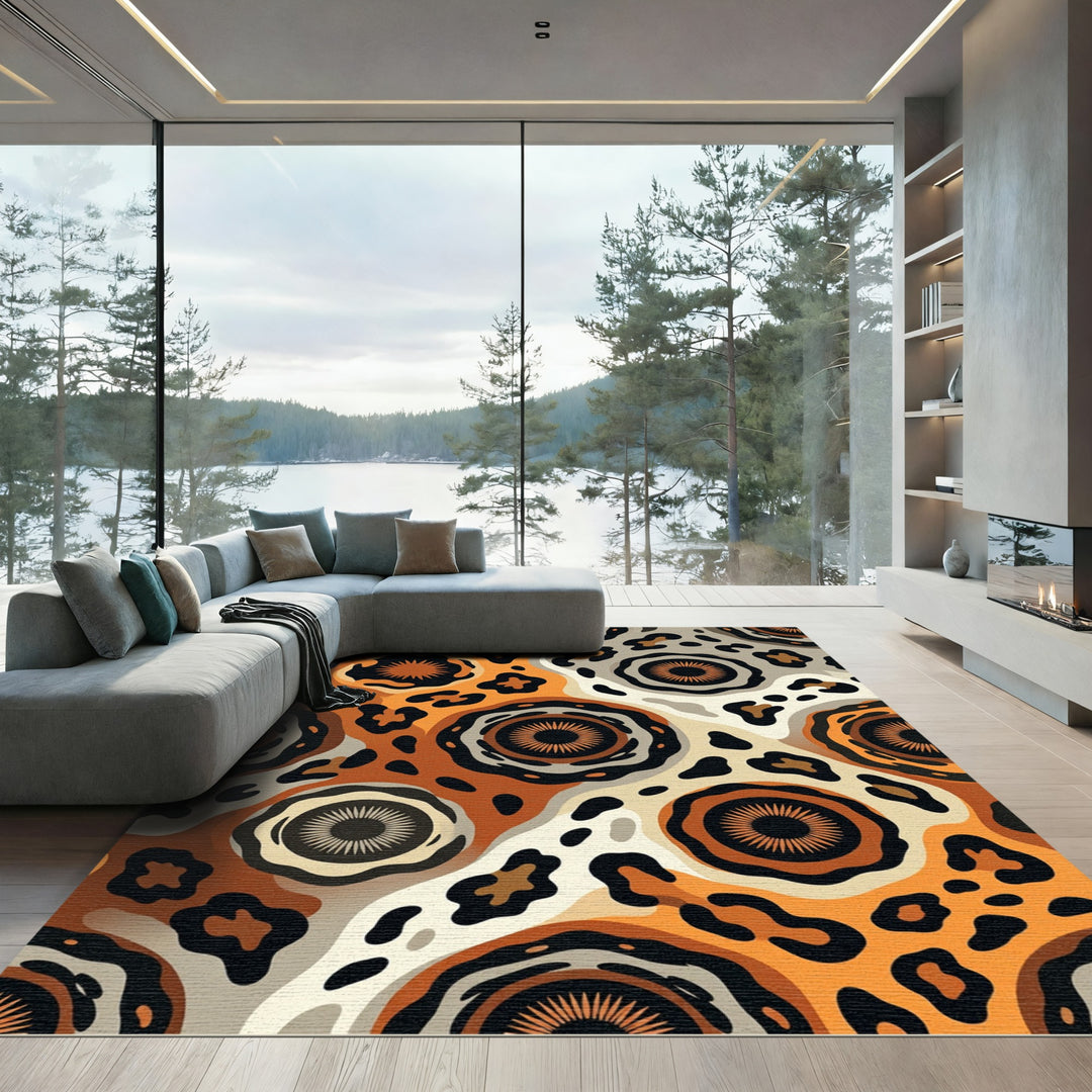 Bold Orange Leopard Flower Swirl Rug