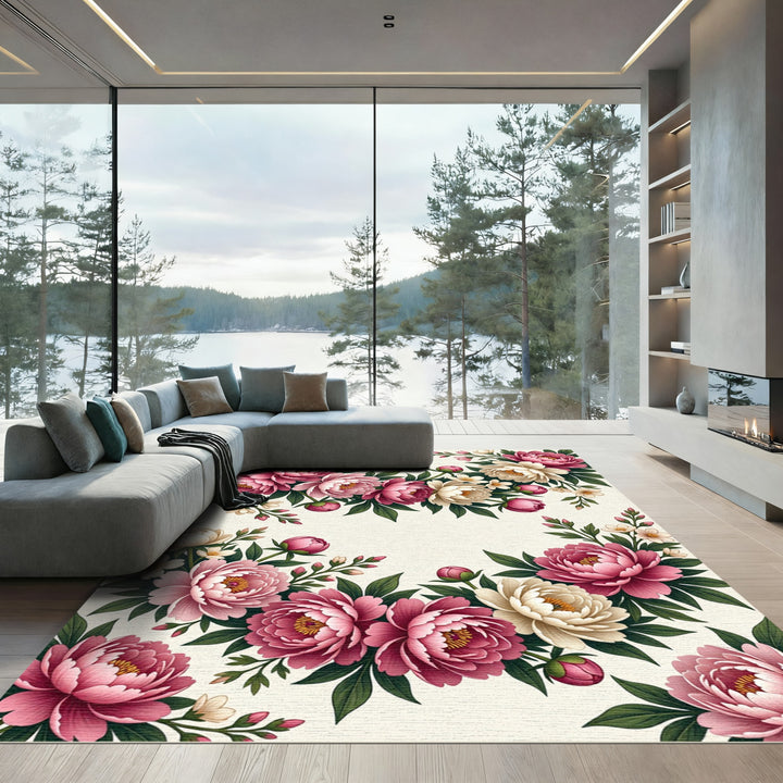 Vintage Pink Peony Garden Floral Rug