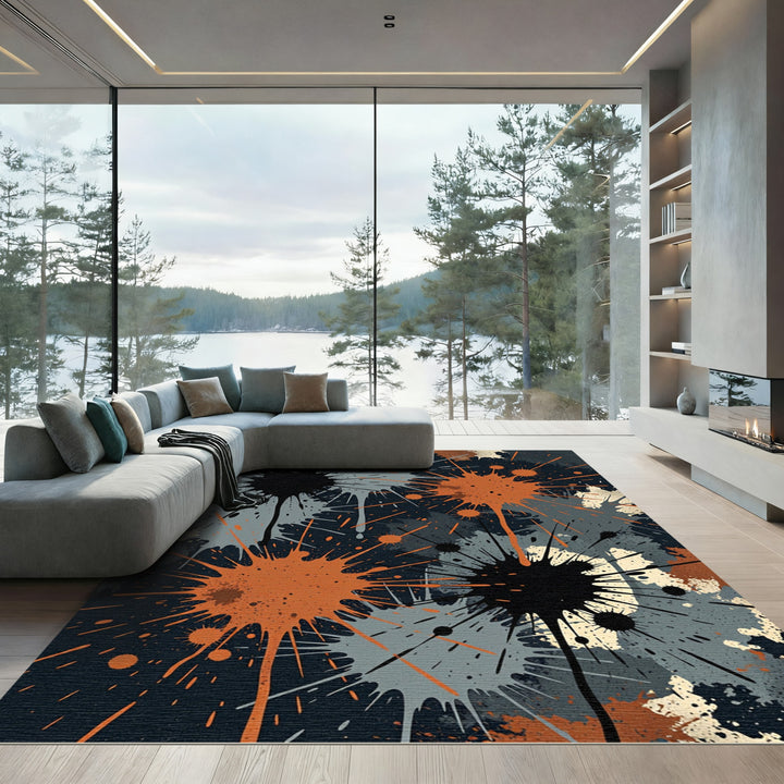 Bold Orange Black Splatter Explosion Rug