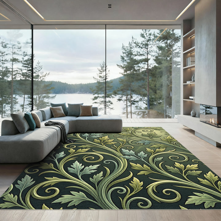 Elegant Sage Green Swirling Leaves Rug