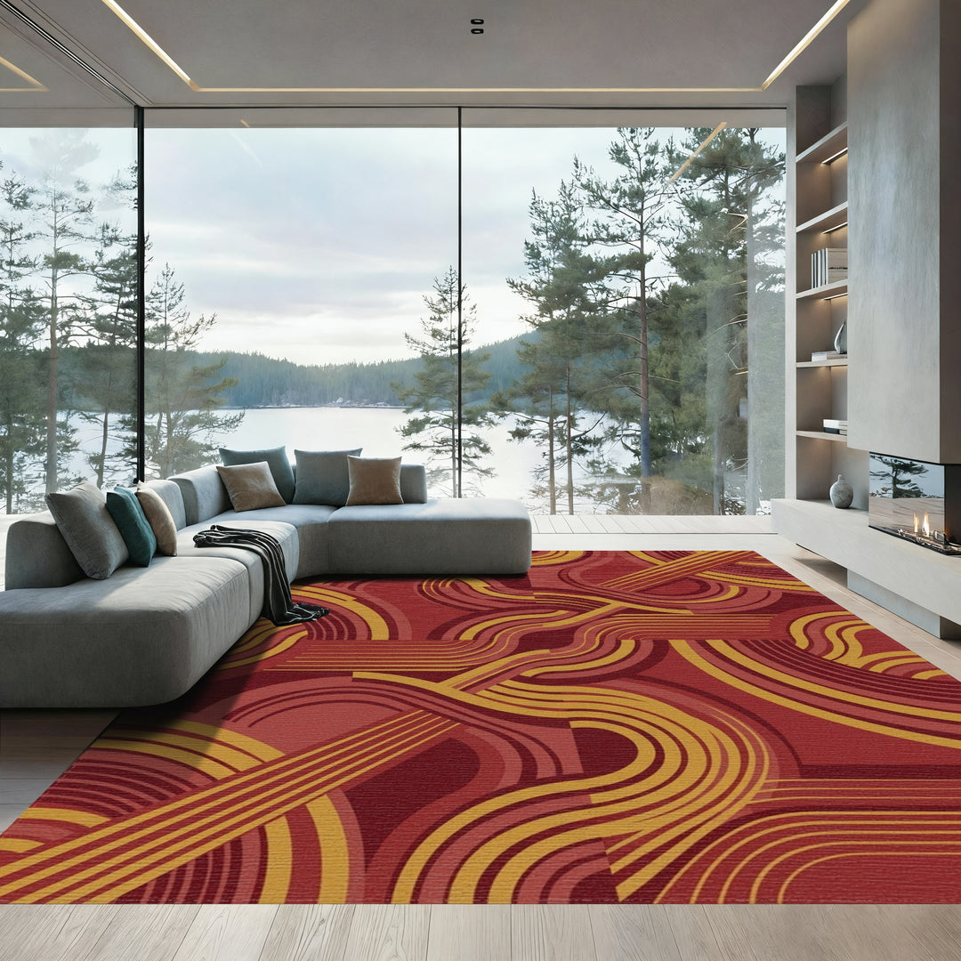 Crimson Gold Swirl Mid Century Rug