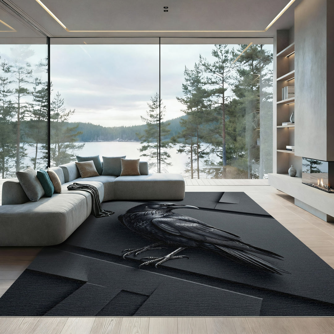 Dramatic Black Raven Dark Background Rug