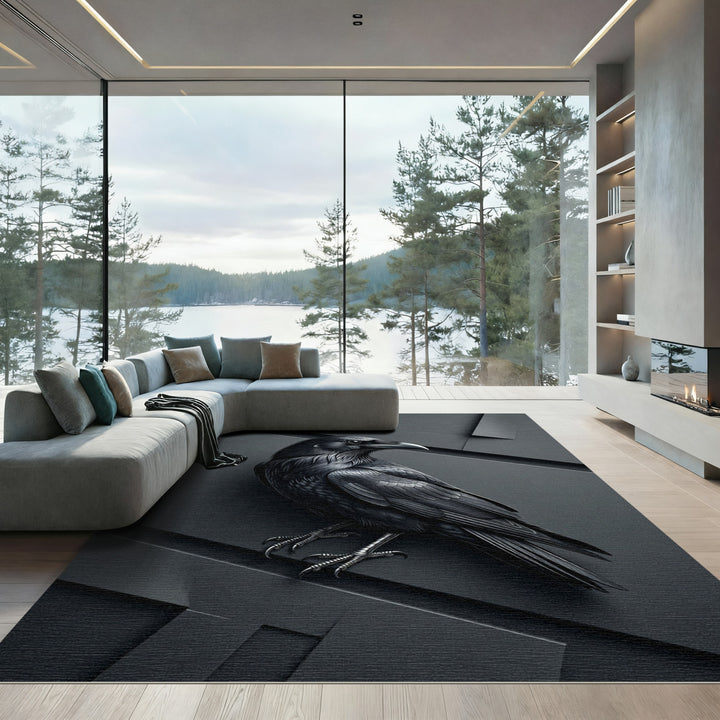 Dramatic Black Raven Dark Background Rug