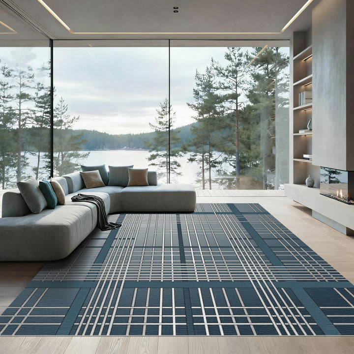 Deep Blue Gridded Urban Window Rug