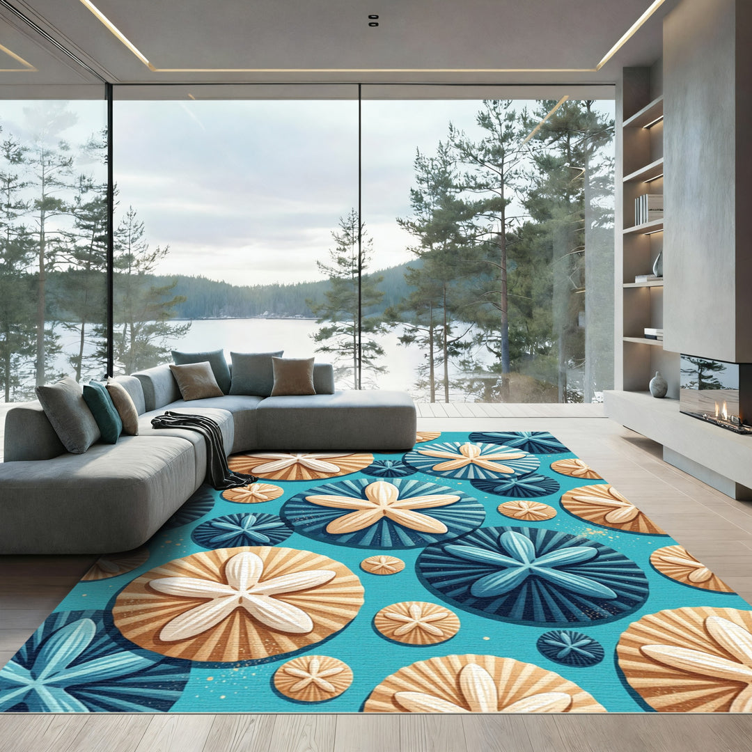 Aqua Starfish Seashell Medallion Rug