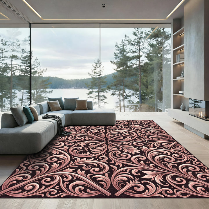 Rose Gold Baroque Swirl Foliage Rug
