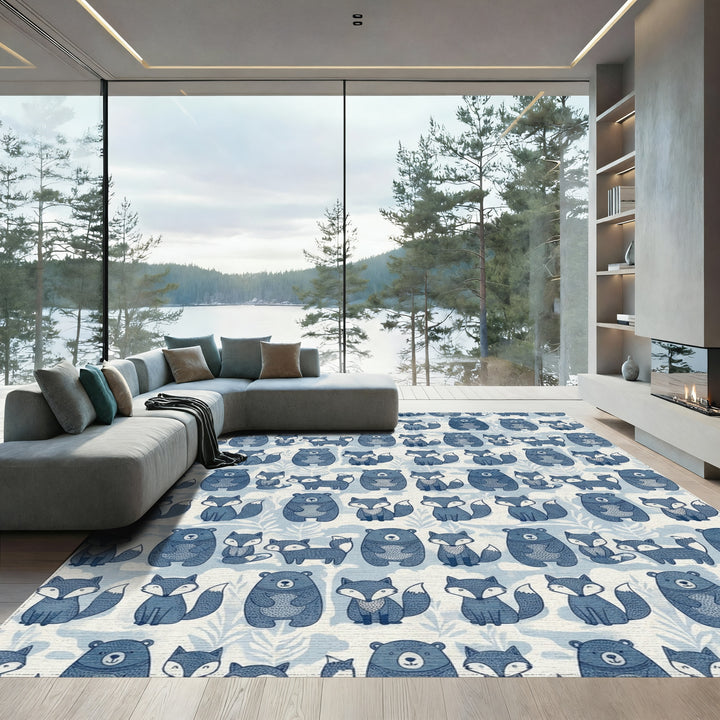 Blue Woodland Bear Fox Whimsical Folk Rug