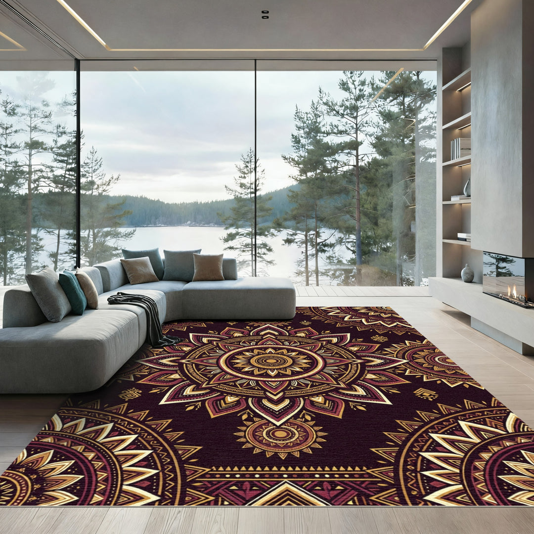 Rich Crimson Gold Mandala Rug