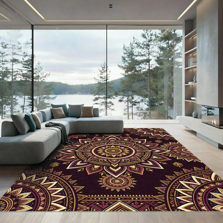 Rich Crimson Gold Mandala Rug