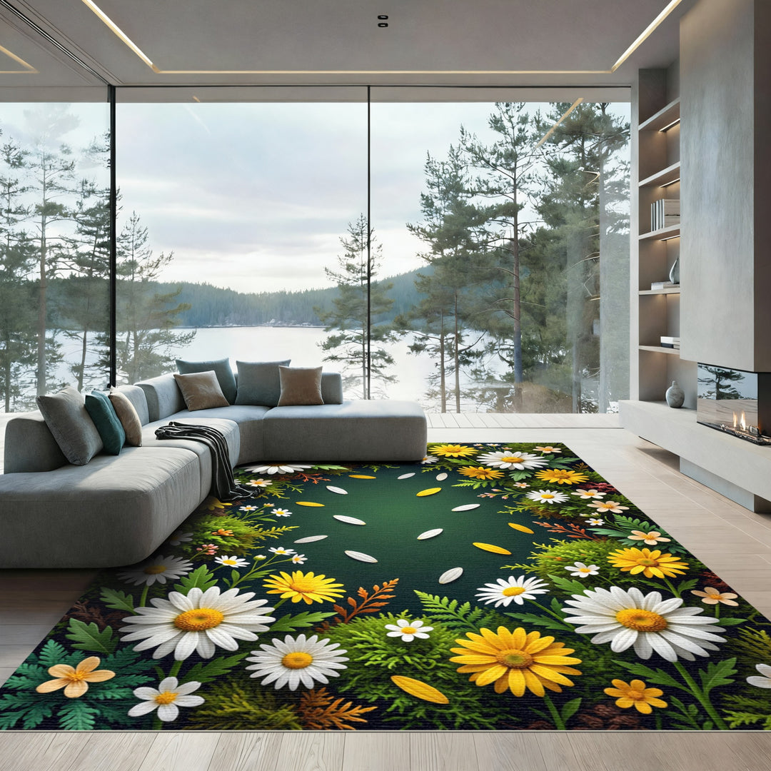 Floral Daisy Garden Green Backdrop Rug