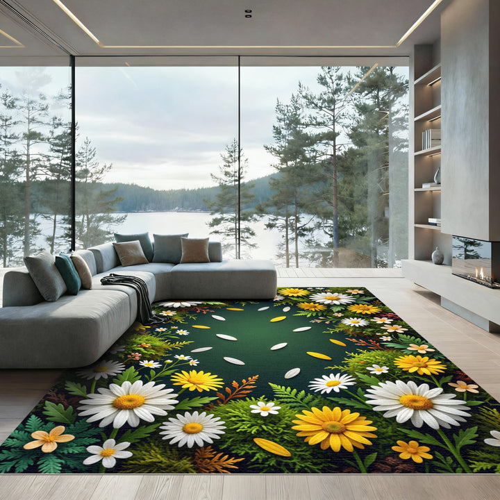 Floral Daisy Garden Green Backdrop Rug