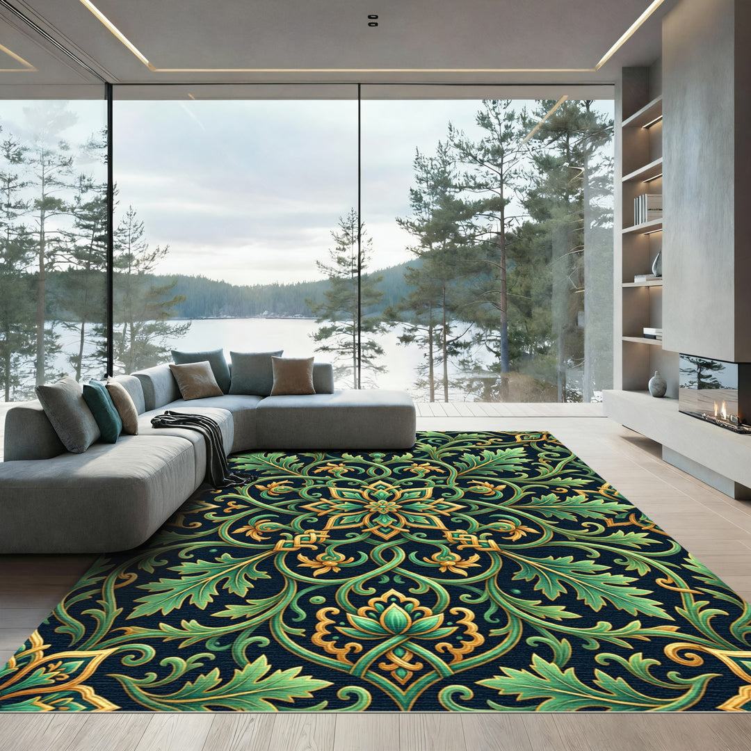Emerald Gold Leaf Scroll Area Rug