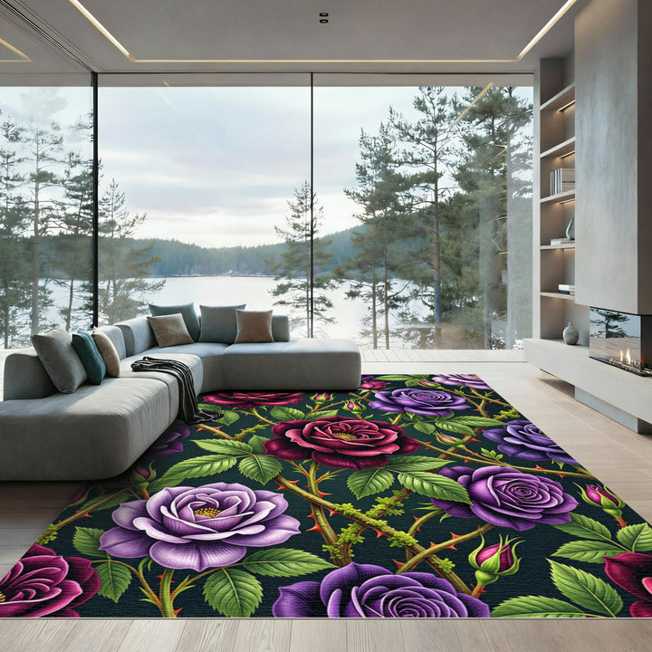Dark Floral Roses Vines Rug