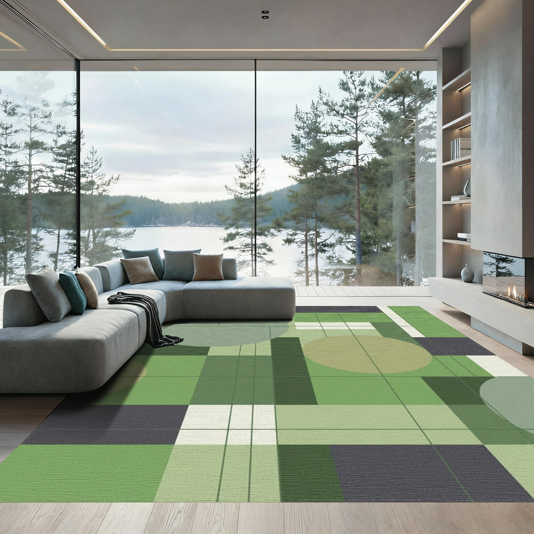 Abstract Green Geometric Circles and Squares Rug
